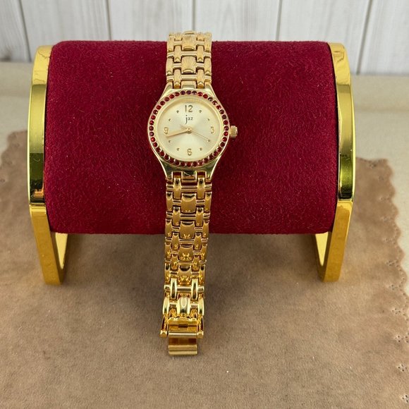 Vintage Jaz Paris French Designer Gold 18K gold plated Watch with red CZ Bezel - Picture 2 of 9